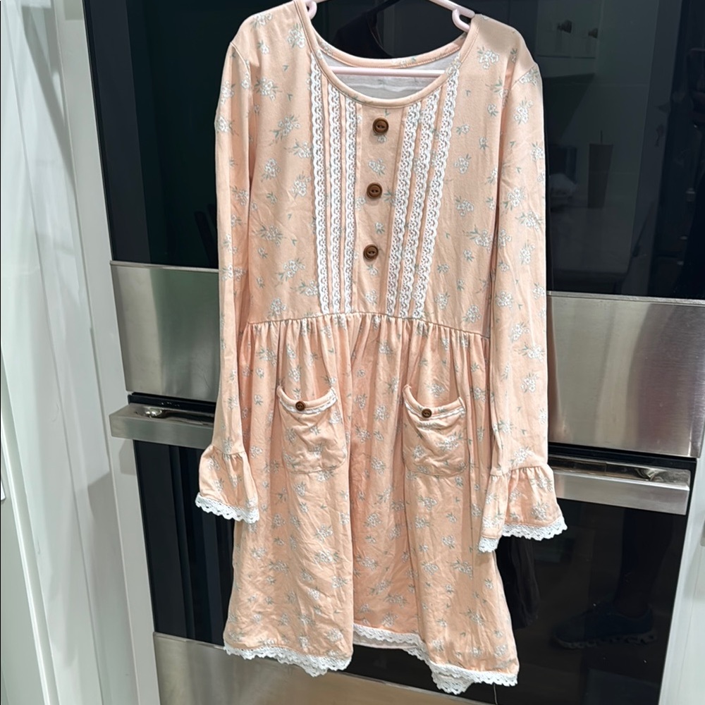 Floral Peach Kids Dress with Lace Trim